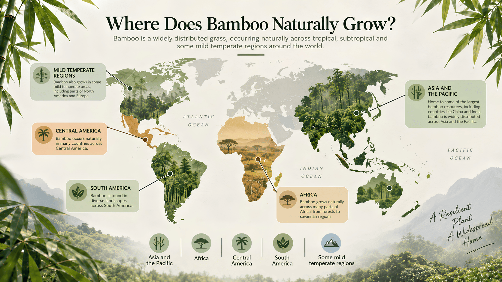World map showing the natural distribution of bamboo across Asia, the Pacific, Africa, Central America, South America, and some mild temperate regions