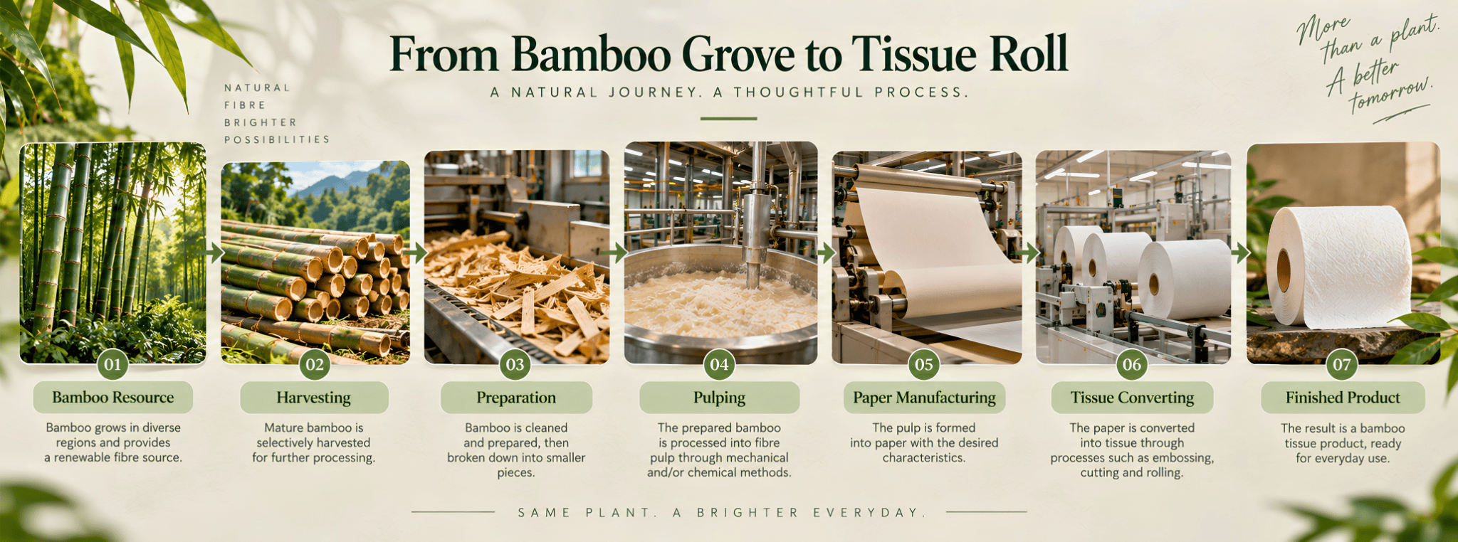 Illustrated process showing how bamboo is transformed from harvested stalks into fibre pulp, paper, tissue rolls, and finished bamboo tissue products