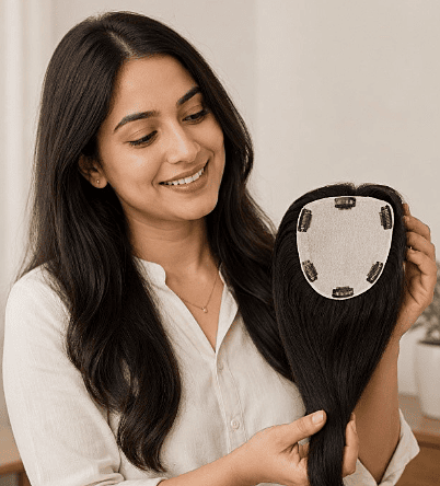 Silk base hair topper for women with natural-looking scalp and parting - GoldTips Hair