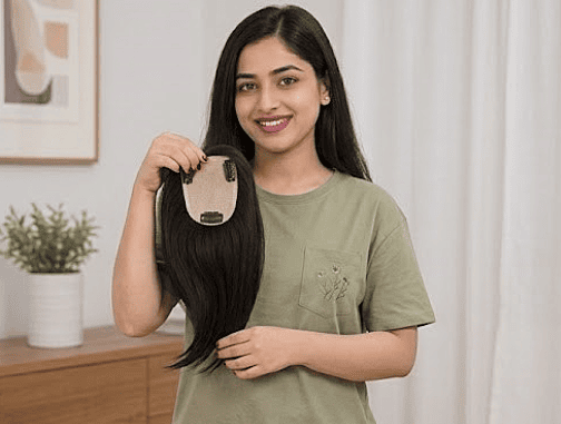 Breathable scalp base lace hair topper for humid Indian weather - GoldTips Hair
