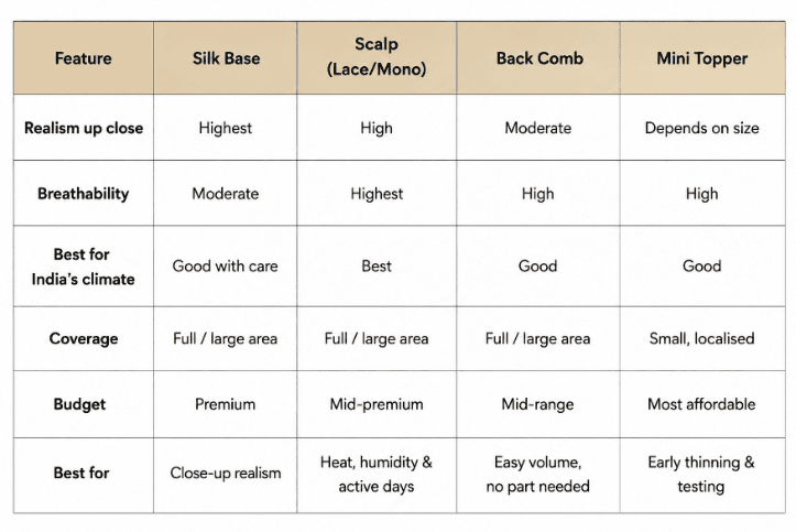 Comparison table of silk base, scalp base, back comb, and mini hair toppers by realism, breathability, coverage, and price Comparison table of silk base, scalp base, back comb, and mini hair toppers by realism, breathability, coverage, and price
