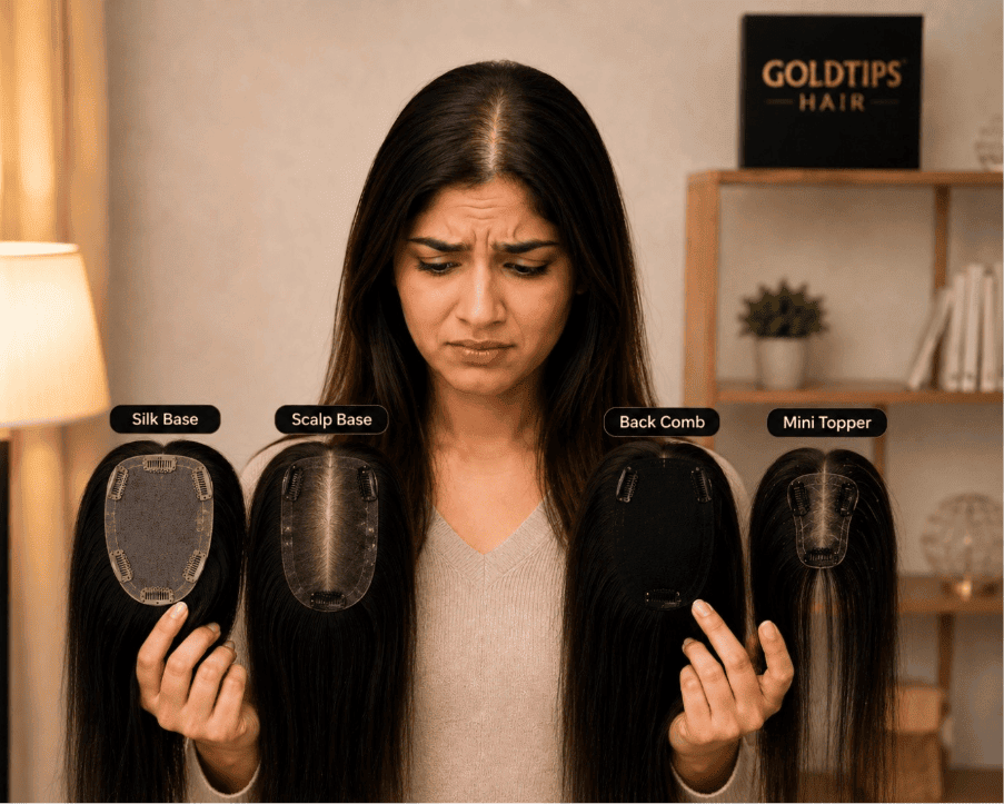 Silk base, scalp base, back comb, and mini hair toppers compared side by
side - GoldTips Hair" Silk base, scalp base, back comb, and mini hair toppers compared side by
side - GoldTips Hair"