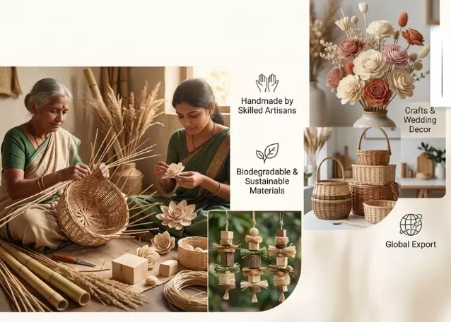 LeafnDeor about us image highlighting Bengali rural artisans handcrafting sustainable bamboo baskets and sola wood flowers. LeafnDeor about us image highlighting Bengali rural artisans handcrafting sustainable bamboo baskets and sola wood flowers.