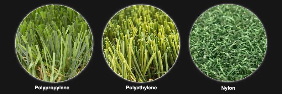 Comparison of artificial turf blade types showing polypropylene, polyethylene and nylon fibers for high-performance synthetic grass applications