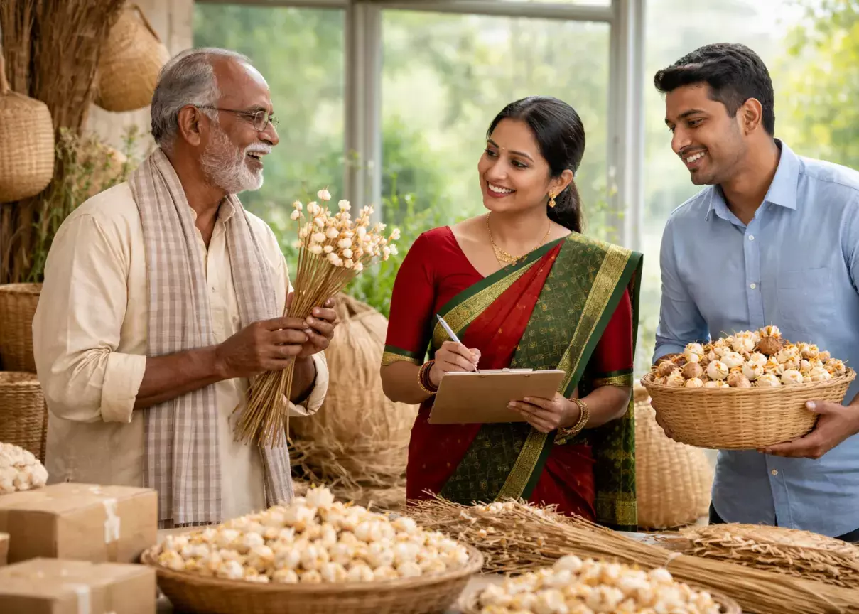 artisan showing handmade sola wood flower sticks dry flowers with team supporting rural craft artisan showing handmade sola wood flower sticks dry flowers with team supporting rural craft