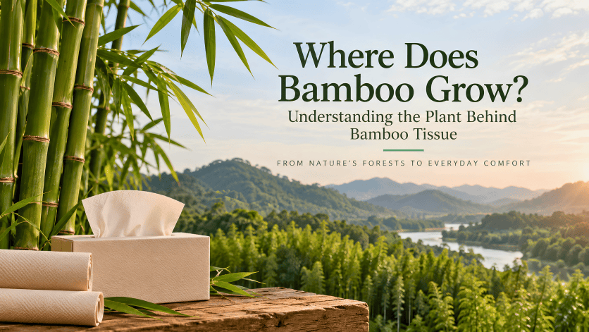 Bamboo stalks beside bamboo tissue rolls and a tissue box overlooking a lush mountain landscape