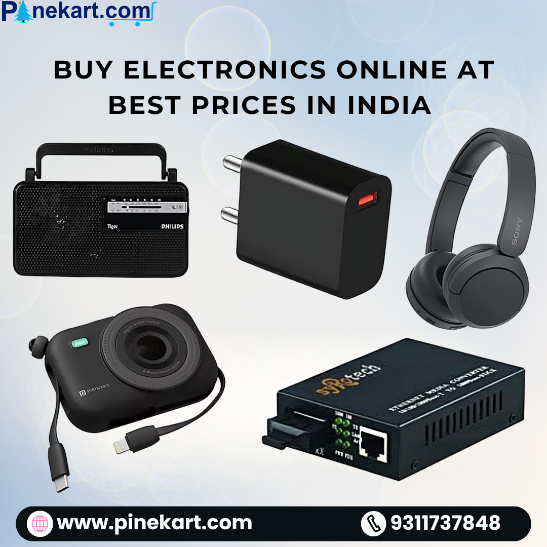 Online shopping ad featuring top electronics including camera, earbuds, pendrive, power bank, and laptop with a bold 'Buy Now' button Online shopping ad featuring top electronics including camera, earbuds, pendrive, power bank, and laptop with a bold 'Buy Now' button