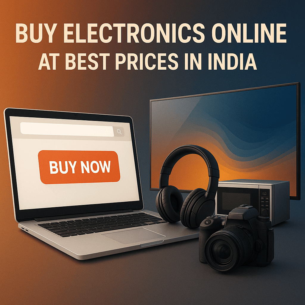 Image showing a variety of electronic gadgets like smartphones, laptops, and accessories with price tags, representing buying electronics online at the best prices in India. Image showing a variety of electronic gadgets like smartphones, laptops, and accessories with price tags, representing buying electronics online at the best prices in India.