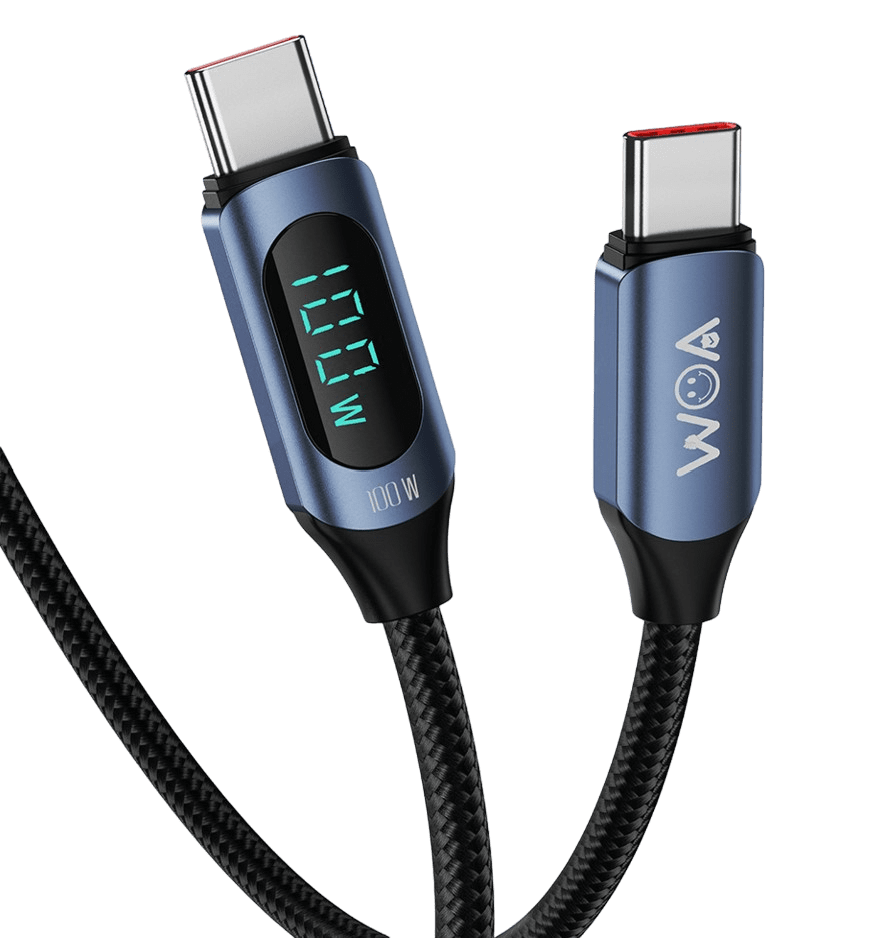 Type C fast charging data cable with digital display plugged into smartphone