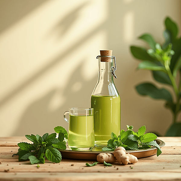 Herbal botanical liquid made from fresh whole herbs in a clear  bottle