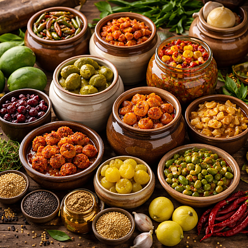 Assorted Indian dehydrated pickles and heritage condiments display