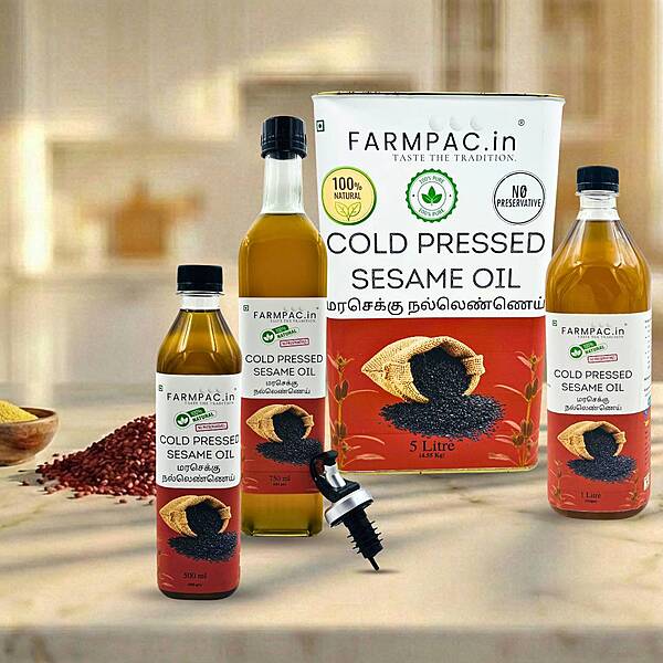 Farmpac Wood Pressed Sesame Oil (Gingelly Oil/Nalla Ennai) Range - Bottles and 5L Tin