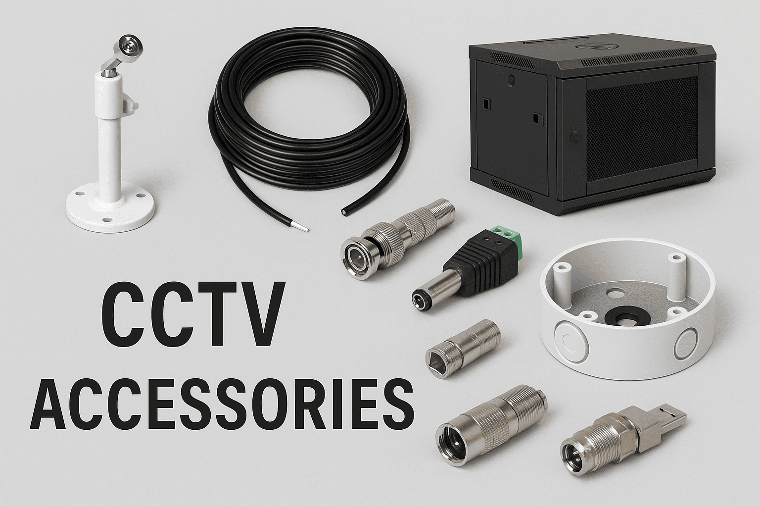 CCTV accessories including a stand, cable, connectors, junction box, and network rack CCTV accessories including a stand, cable, connectors, junction box, and network rack