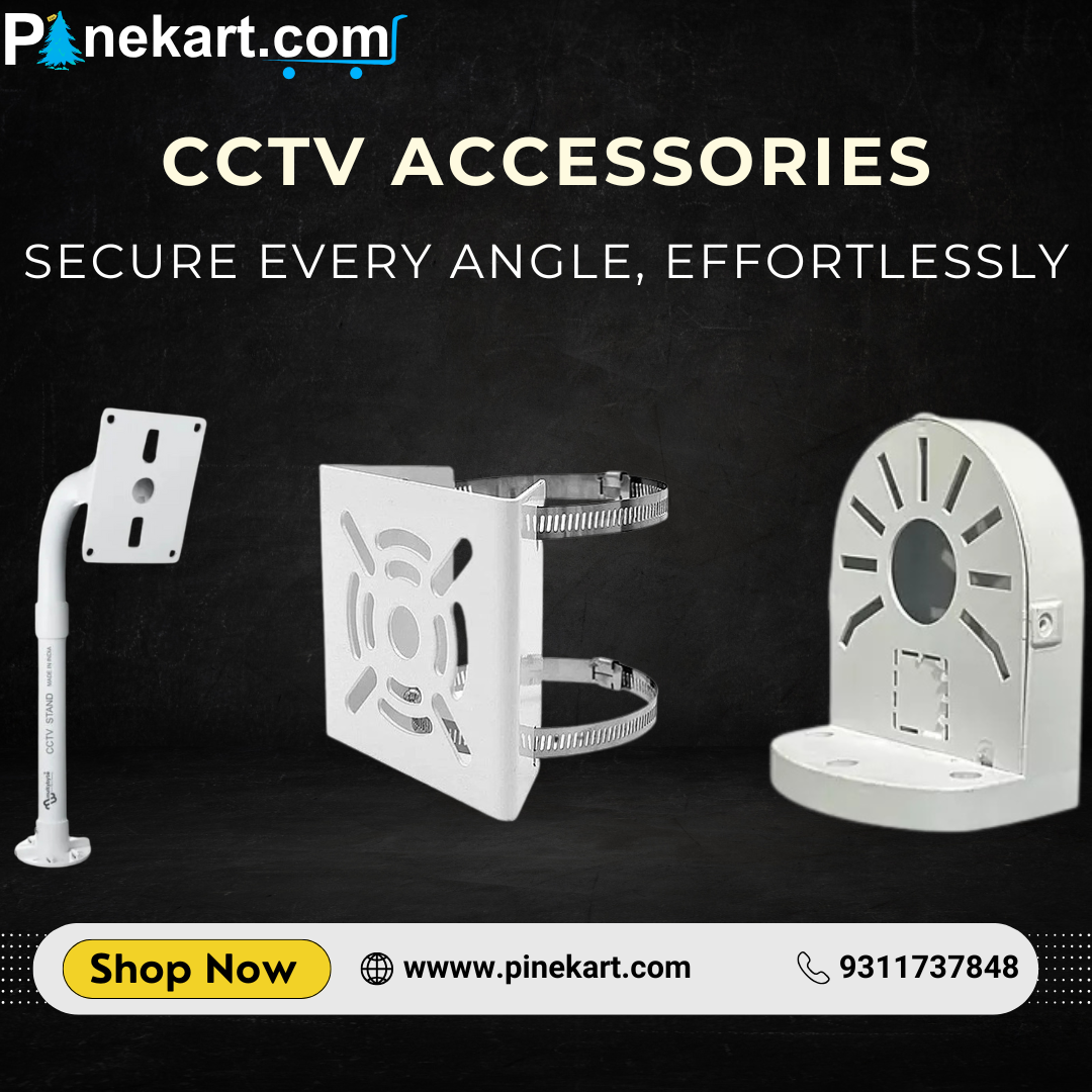 CCTV accessories including power adapters, mounting stands, surveillance cables, connectors, network racks, and junction boxes for complete camera setup support.