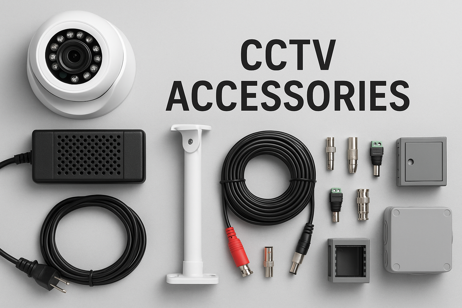 Assorted CCTV accessories including stands, wires, connectors, network racks, and junction boxes for complete surveillance setup