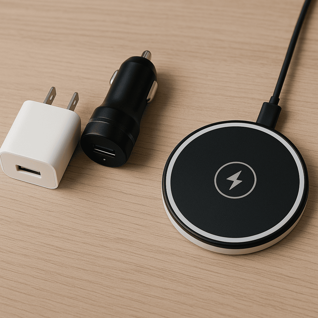 "Wall charger, car charger, and wireless charger on a wooden surface." "Wall charger, car charger, and wireless charger on a wooden surface."