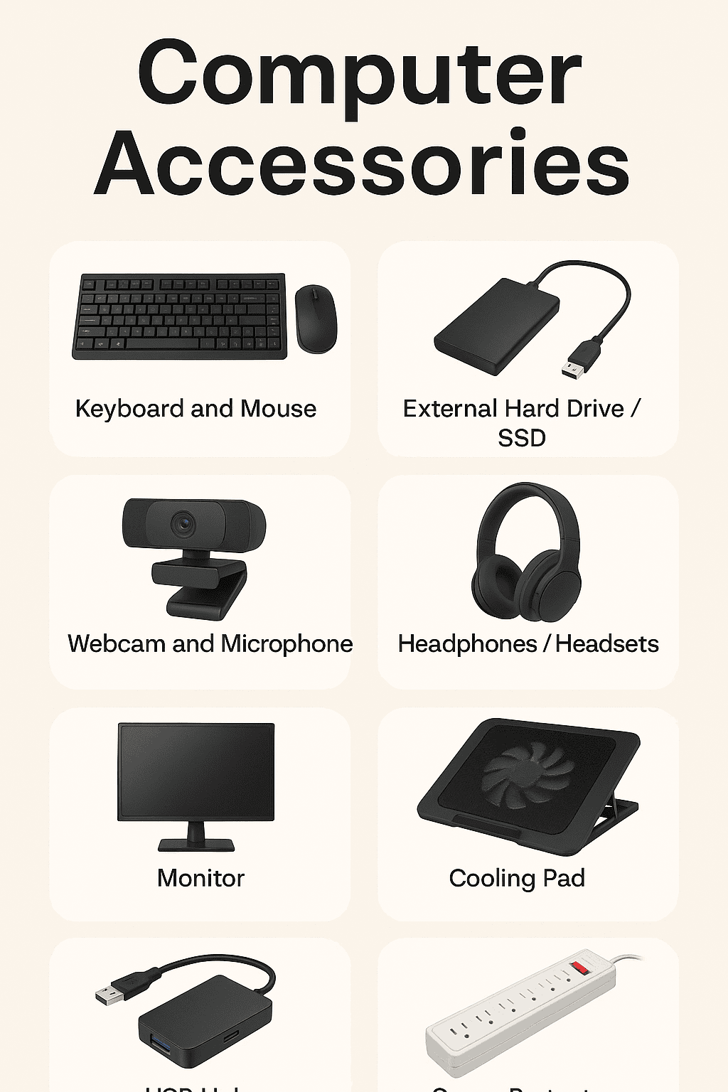 "Various computer accessories including a wireless mouse, mechanical keyboard, USB hub, external hard drive, and headphones arranged neatly on a desk." "Various computer accessories including a wireless mouse, mechanical keyboard, USB hub, external hard drive, and headphones arranged neatly on a desk."
