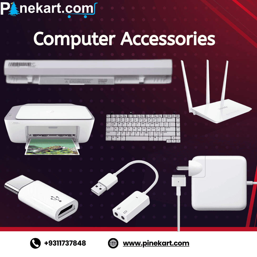 "Essential computer accessories including a keyboard, mouse, headset, and laptop stand." "Essential computer accessories including a keyboard, mouse, headset, and laptop stand."