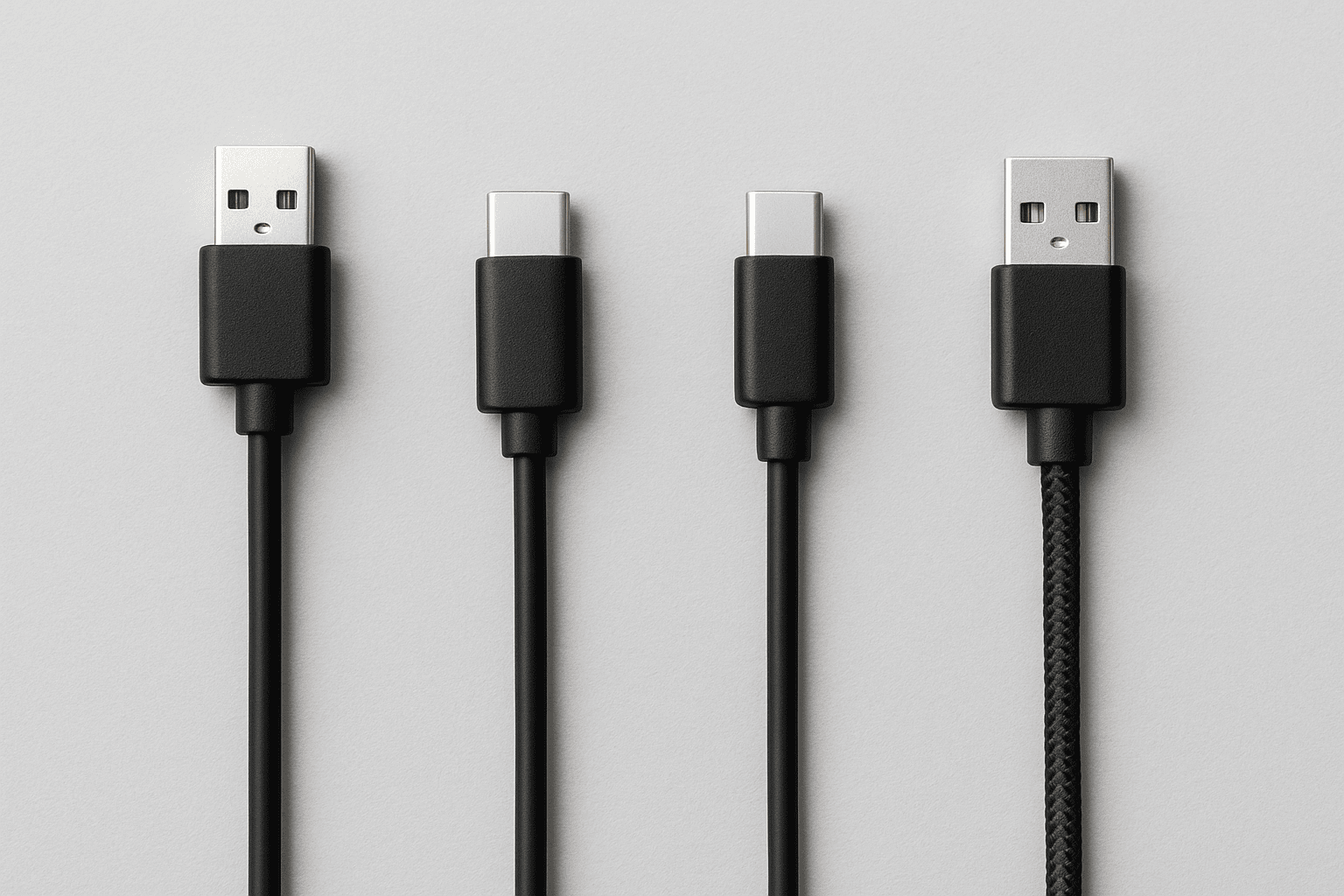 A set of different data cables including USB-A to Micro-USB, USB-A to USB-C, USB-C to USB-C, and USB-A to Lightning, neatly arranged on a light background. A set of different data cables including USB-A to Micro-USB, USB-A to USB-C, USB-C to USB-C, and USB-A to Lightning, neatly arranged on a light background.
