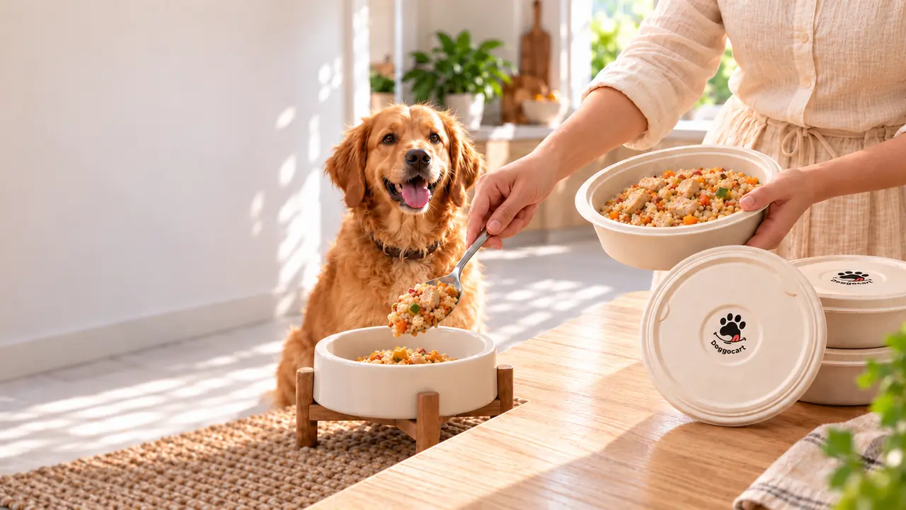 Doggocart fresh dog food served to a dog at home