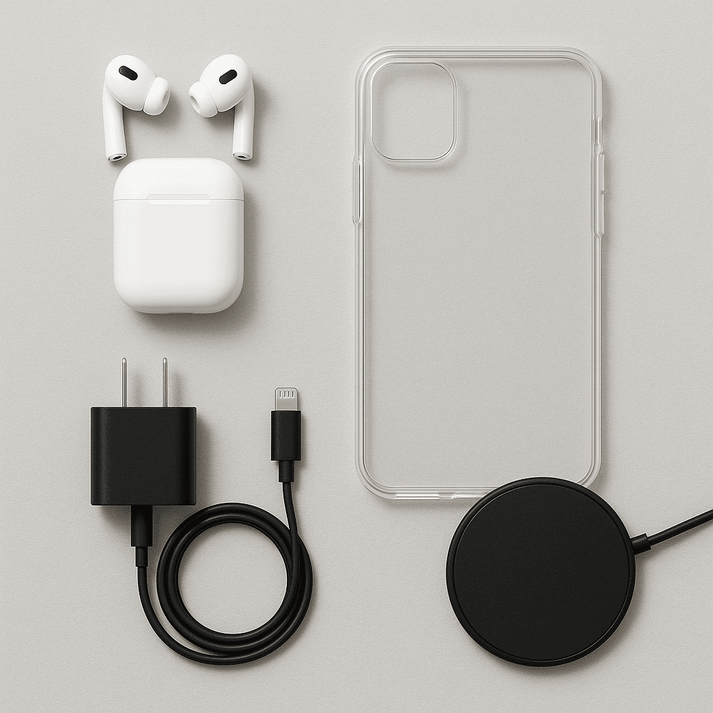 Smartphone accessories on gray background without the phone.