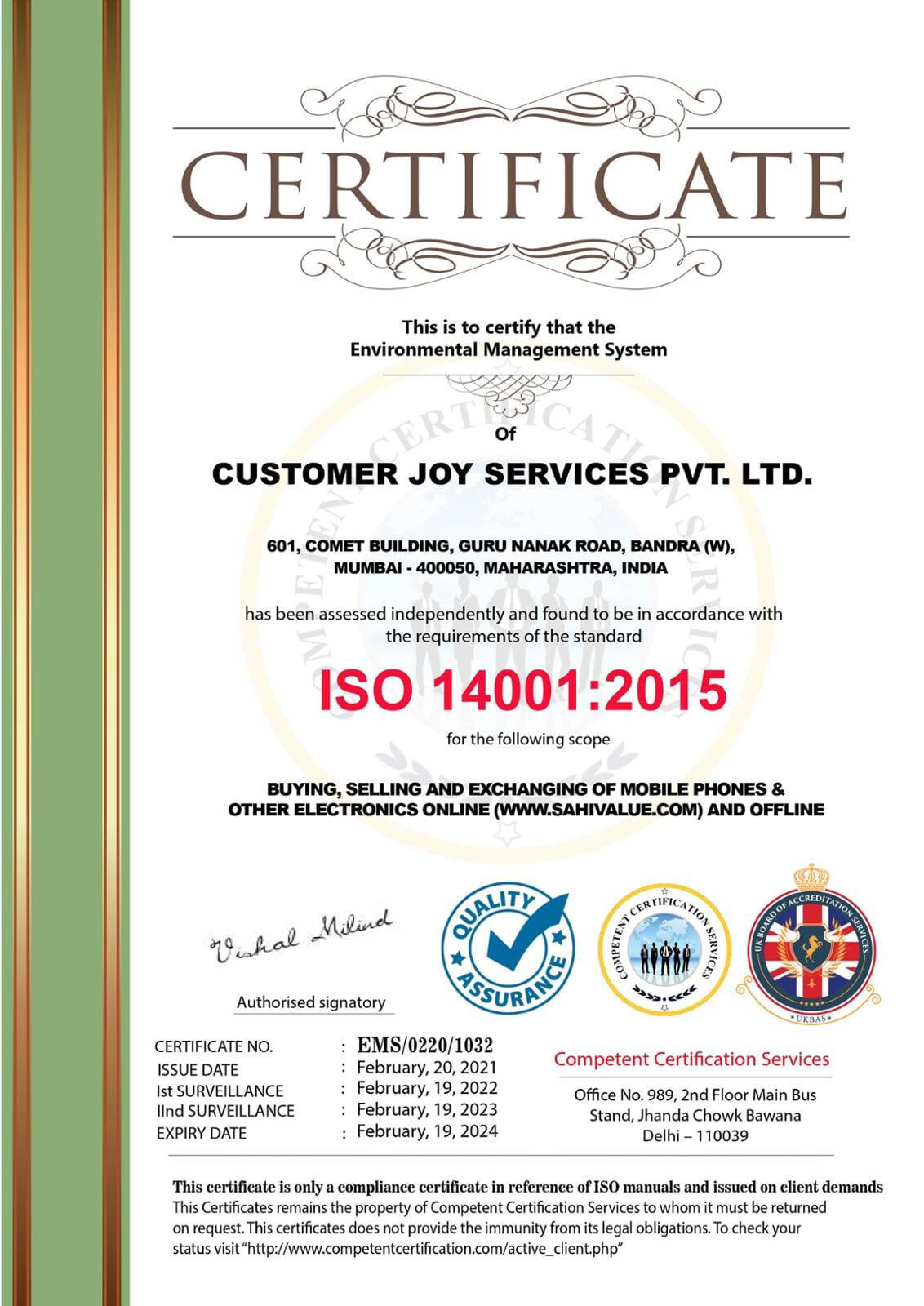 ISO 14001 Environmental Management Certificate ISO 14001 Environmental Management Certificate