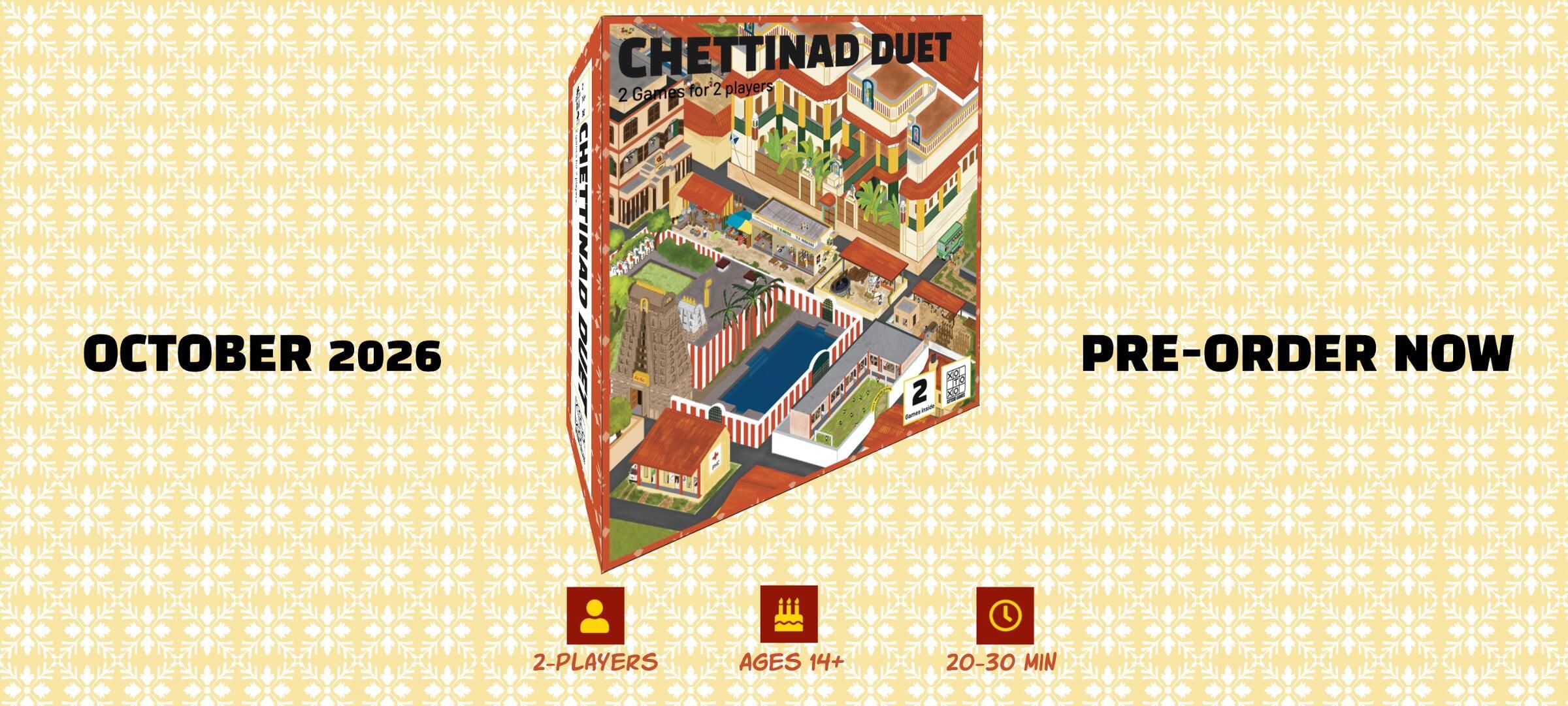 Mockup of a box of the game Chettinad Duet on a yellow background with white geometric patterns.