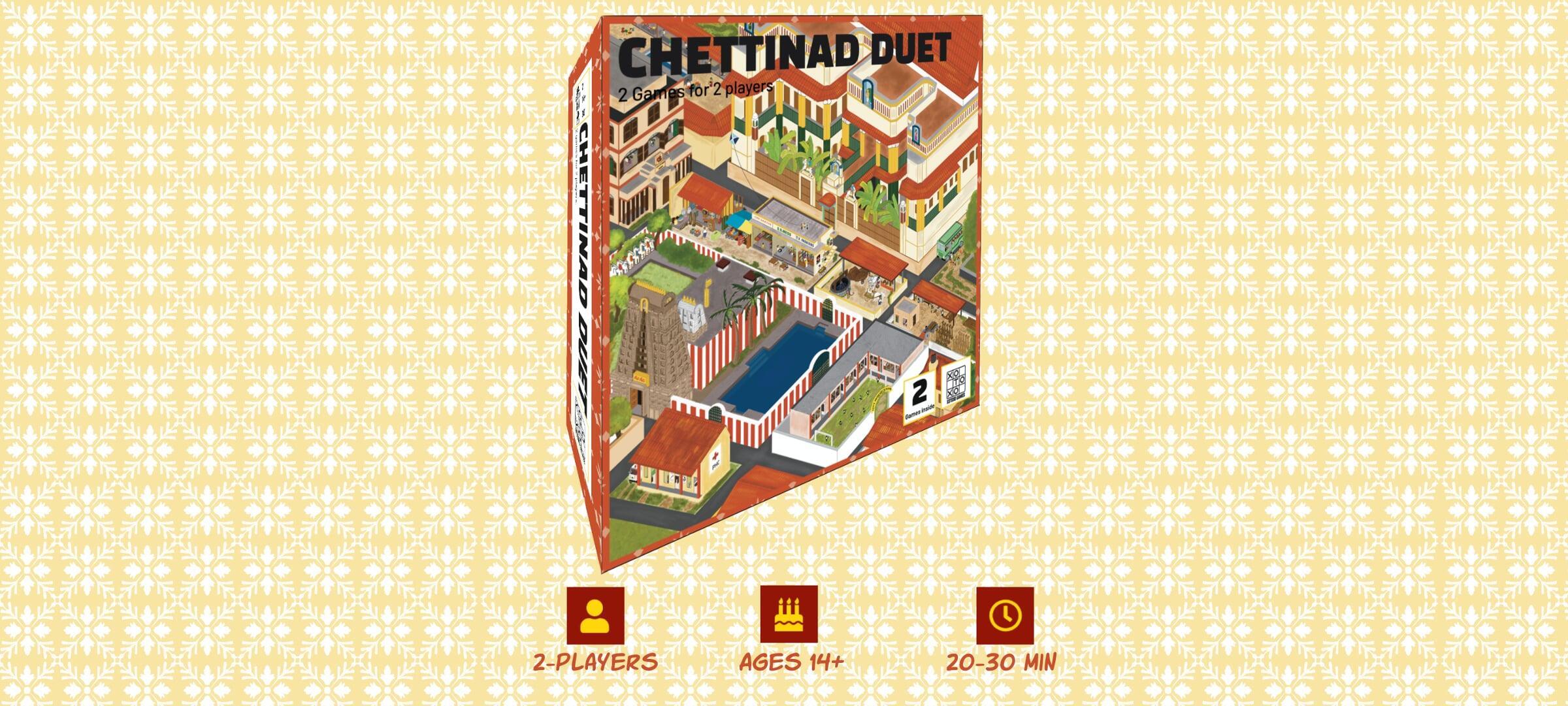 Mockup of a box of the game Chettinad Duet on a yellow background with white geometric patterns. Mockup of a box of the game Chettinad Duet on a yellow background with white geometric patterns.