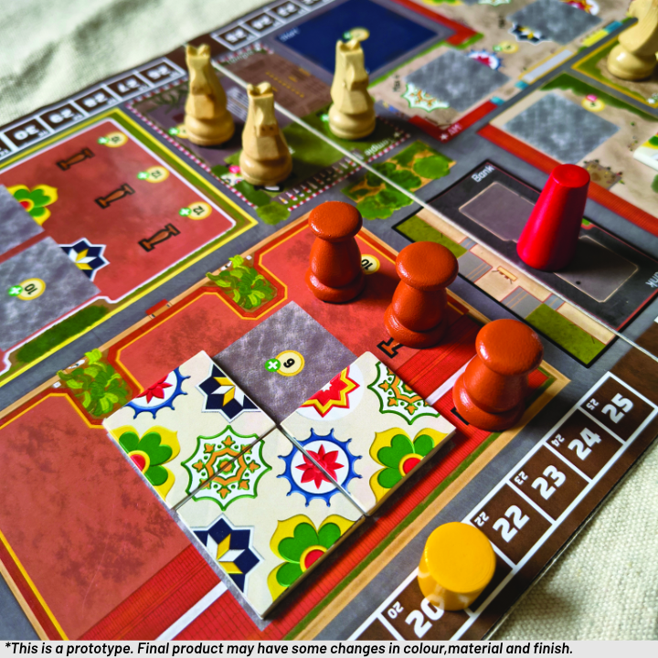 Miniature Tiles, pillars and white chess knights placed on a colourful game board.