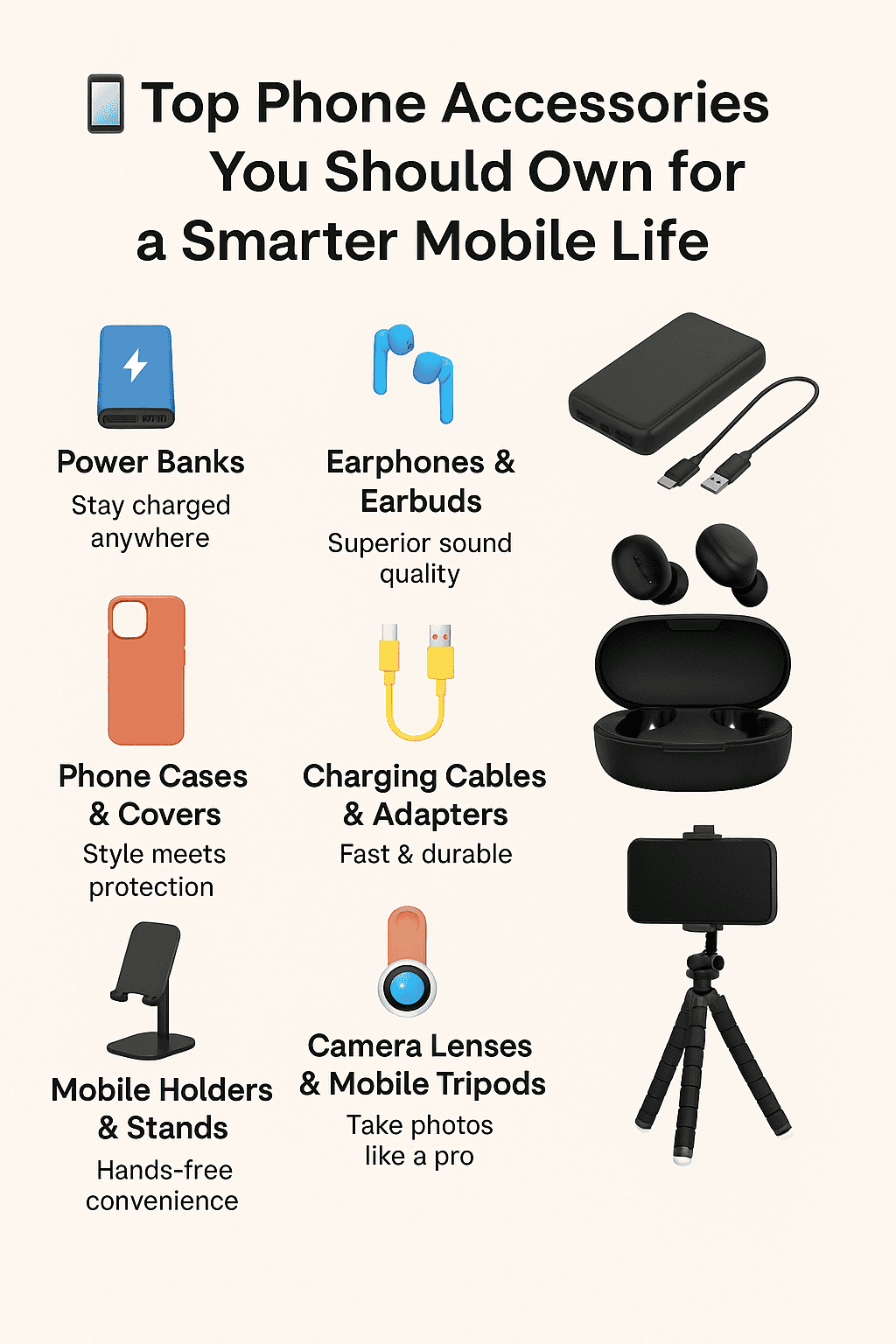 Phone accessories with images and brief descriptions