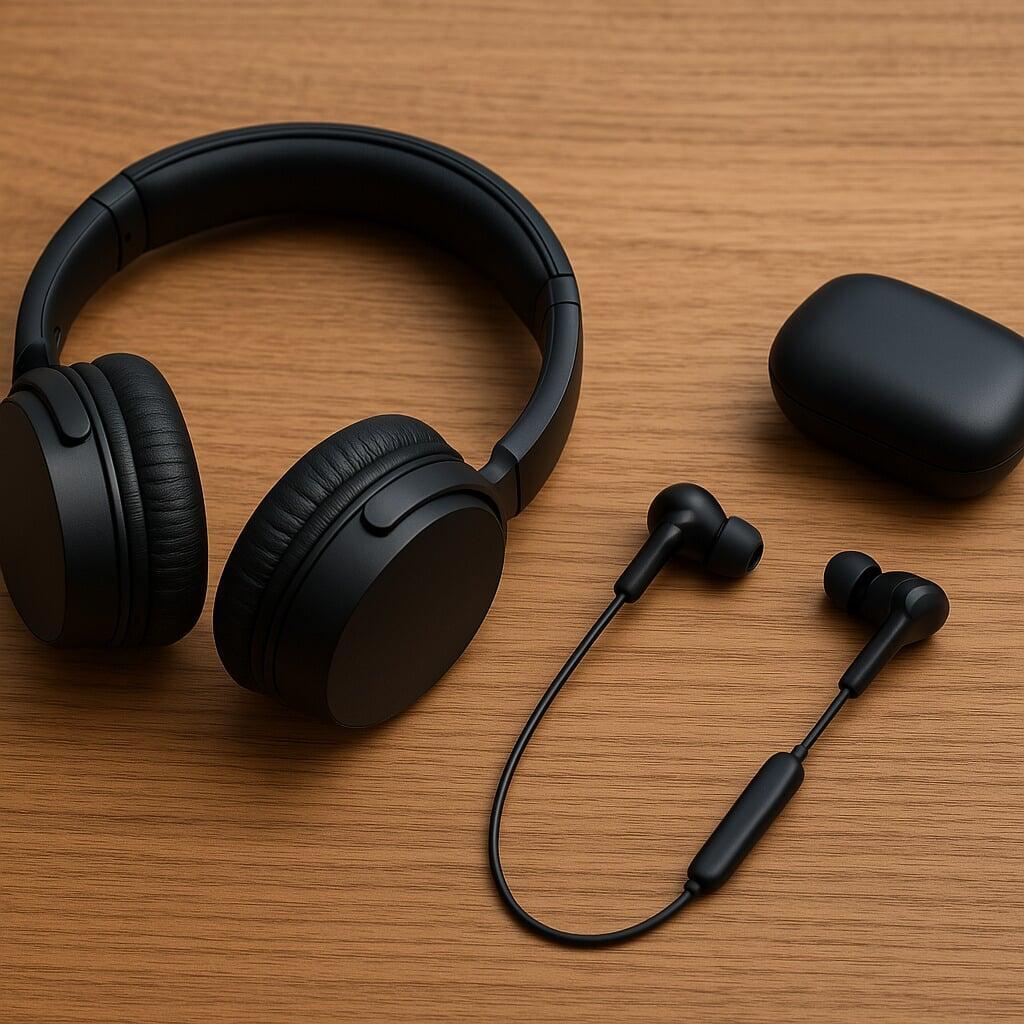 “Modern wireless over-ear headphones and compact in-ear earphones displayed on a wooden surface, highlighting contemporary audio technology and design.” “Modern wireless over-ear headphones and compact in-ear earphones displayed on a wooden surface, highlighting contemporary audio technology and design.”