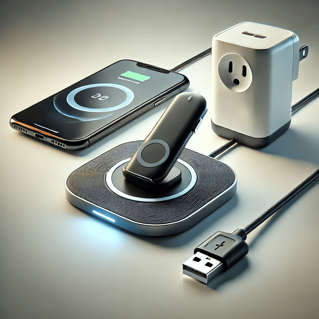 "Digital illustration of three types of chargers: a sleek wireless phone charger, a compact car charger, and a sturdy wall charger, displayed against a clean, minimalistic background." "Digital illustration of three types of chargers: a sleek wireless phone charger, a compact car charger, and a sturdy wall charger, displayed against a clean, minimalistic background."
