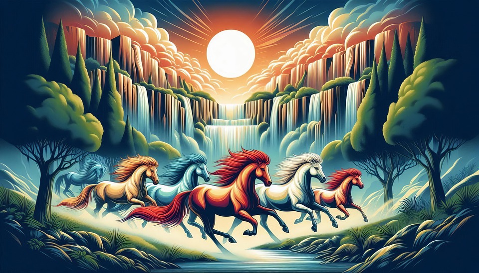 Vastu painting of horses under rising sun – Homizon Vastu consultation and artwork services