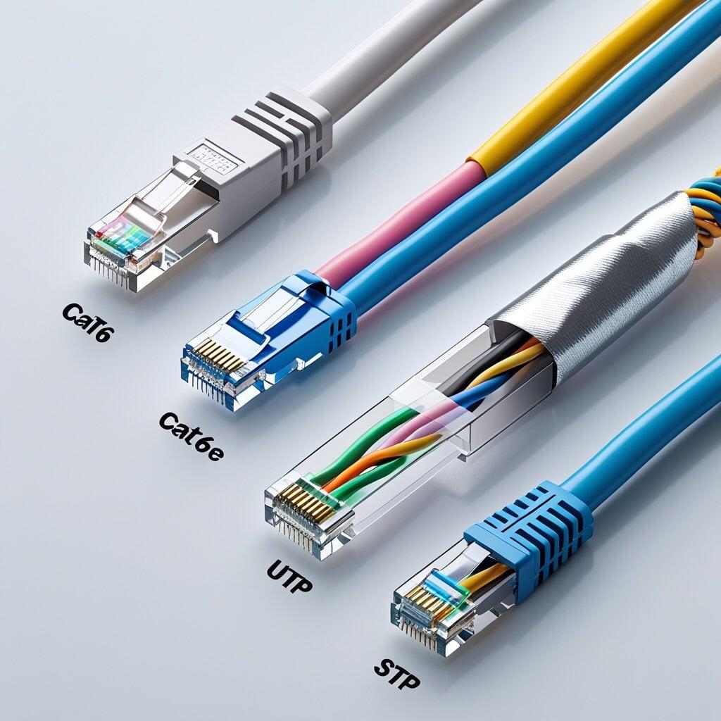 : Comparison of LAN cable types—Cat6, Cat6e, UTP, and STP—highlighting different shielding and performance features for wired internet connectivity.