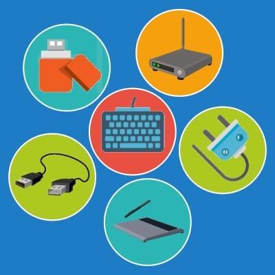 "Laptop with accessories including mouse, keyboard, hub, and headphones on a desk."