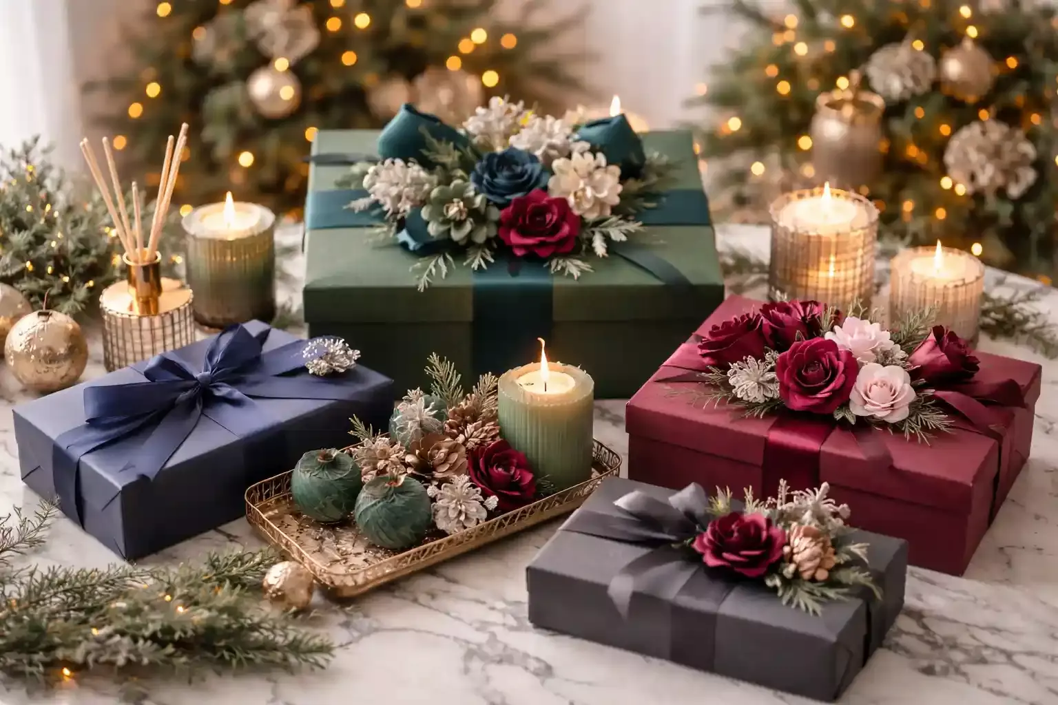 luxury-home-decor-emerald-burgundy-midnight-blue-sola-flower-candle-setup