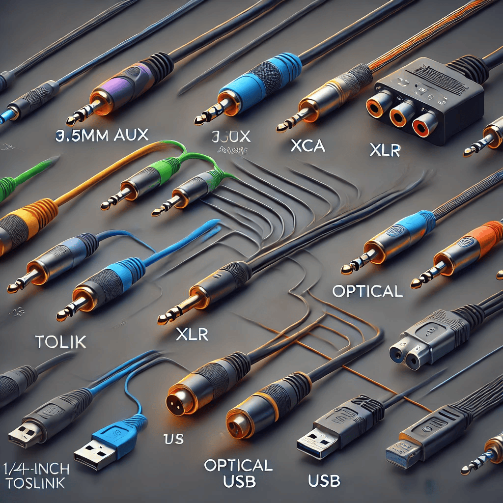 "Illustration showcasing various types of audio cables, including 3.5mm Aux, RCA, XLR, Optical (TOSLINK), USB, and 1/4-inch TS & TRS, each labeled and connected to common audio devices."