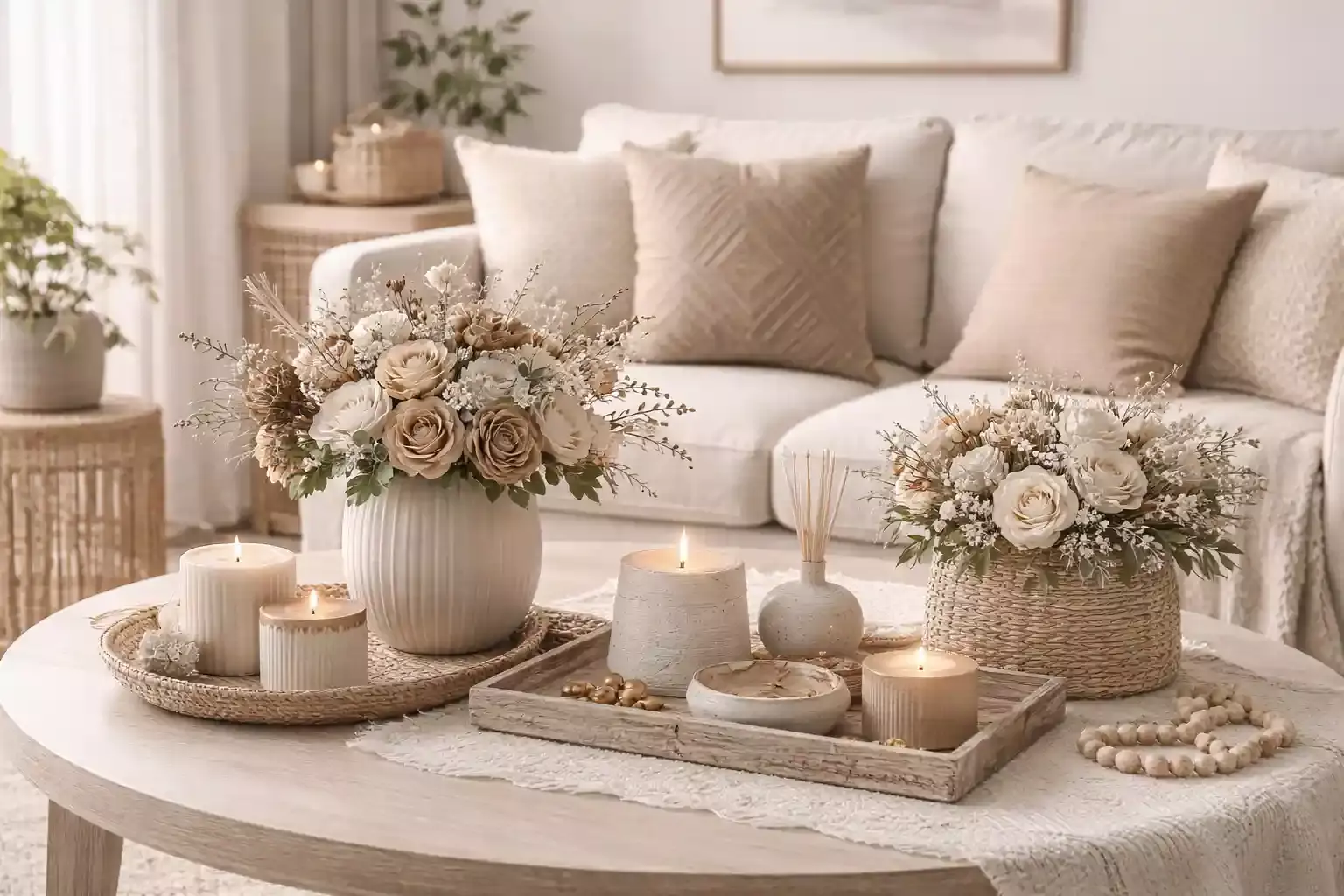 minimal-living-room-raw-white-beige-sola-wood-flower-wicker-decor leafndeor