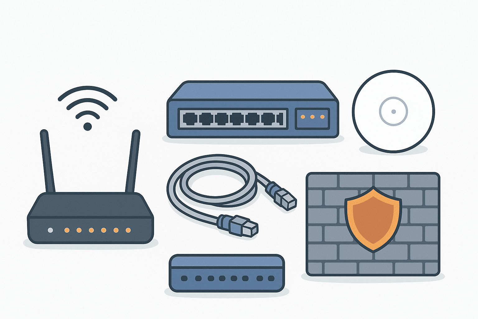 "Modern networking equipment set featuring router, Ethernet switch, access point, cable, and security devices."