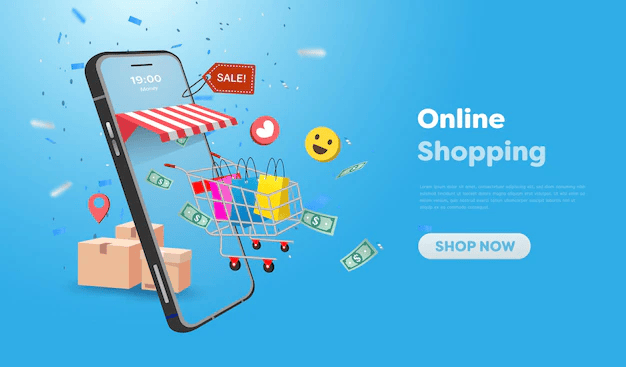 "Online shopping with various products and digital devices."