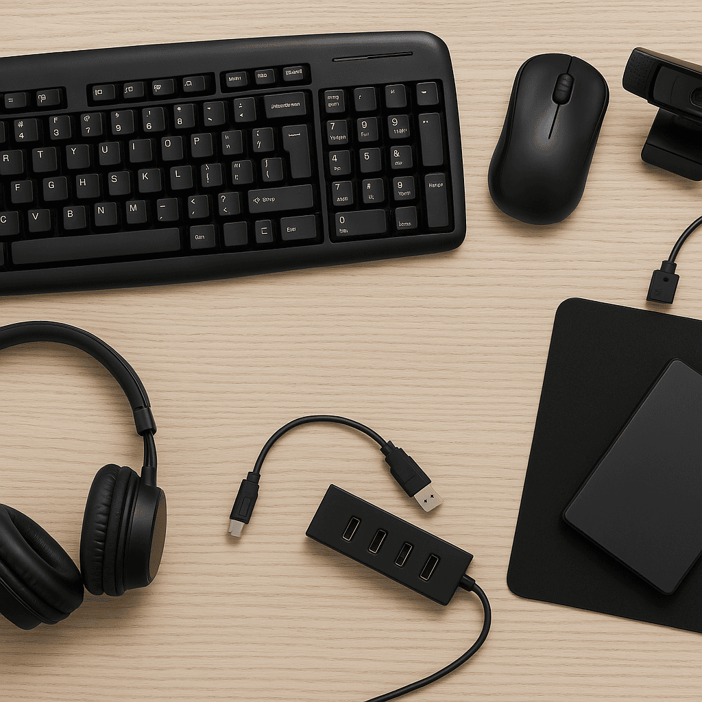 PC accessories including a keyboard, mouse, headset, webcam, USB hub, and external hard drive on a wooden desk. PC accessories including a keyboard, mouse, headset, webcam, USB hub, and external hard drive on a wooden desk.