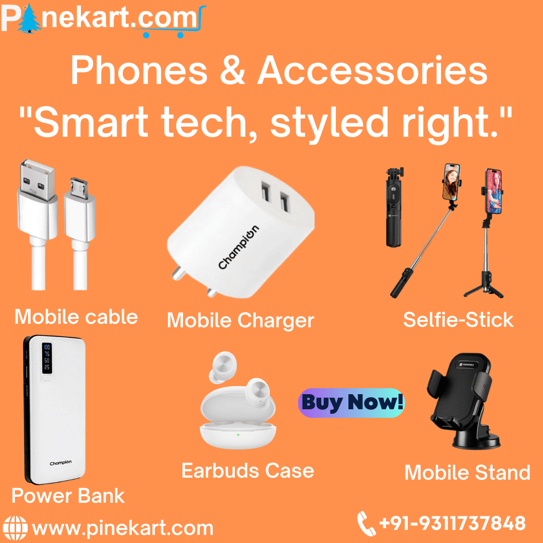 Alt text: "Flat lay of modern phone accessories including cases, wireless earbuds, chargers, and power banks arranged on a pink background with bold promotional Alt text: "Flat lay of modern phone accessories including cases, wireless earbuds, chargers, and power banks arranged on a pink background with bold promotional