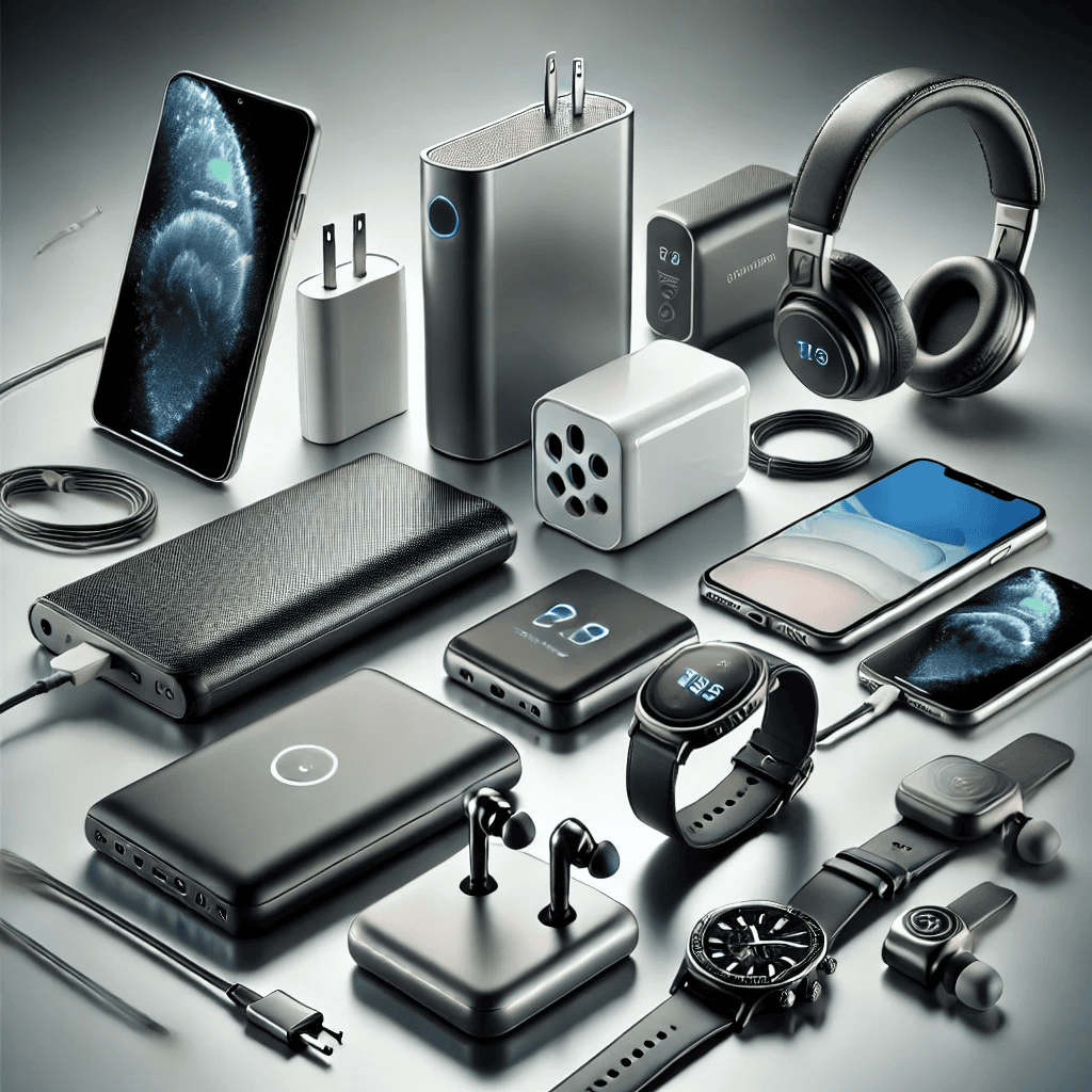 "Collection of modern phone accessories including a fast charger, slim power bank, elegant mobile stand, rugged protective cases, high-quality screen guards, wireless Bluetooth earbuds, premium over-ear headphones, and a sleek smartwatch, displayed on a clean, futuristic background." "Collection of modern phone accessories including a fast charger, slim power bank, elegant mobile stand, rugged protective cases, high-quality screen guards, wireless Bluetooth earbuds, premium over-ear headphones, and a sleek smartwatch, displayed on a clean, futuristic background."