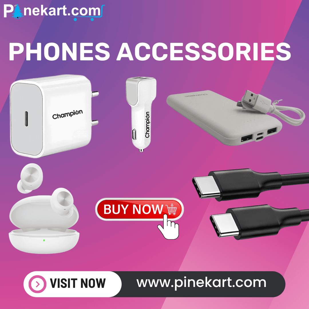 A variety of essential phone accessories including wireless earbuds, charging cables, power banks, phone cases, and mobile holders placed neatly on a desk. A variety of essential phone accessories including wireless earbuds, charging cables, power banks, phone cases, and mobile holders placed neatly on a desk.