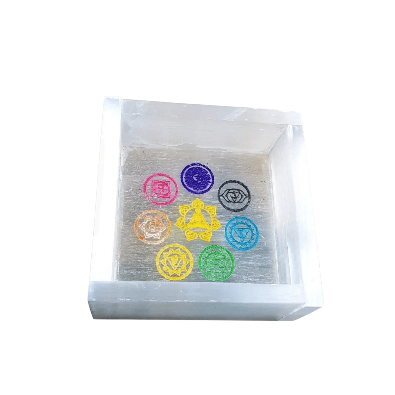 Selenite Square Bowl with Large Chakra and Small Figurine