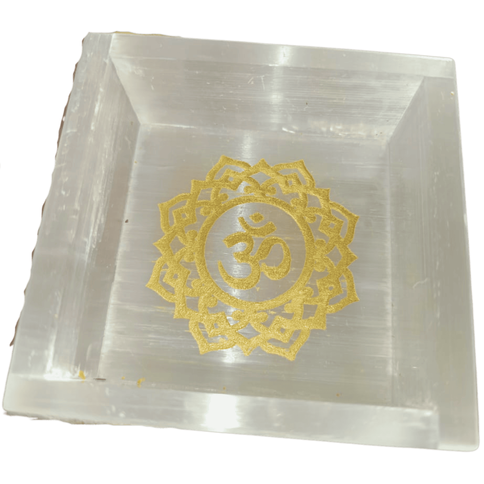 Selenite Square Bowl with OM carving in Gold