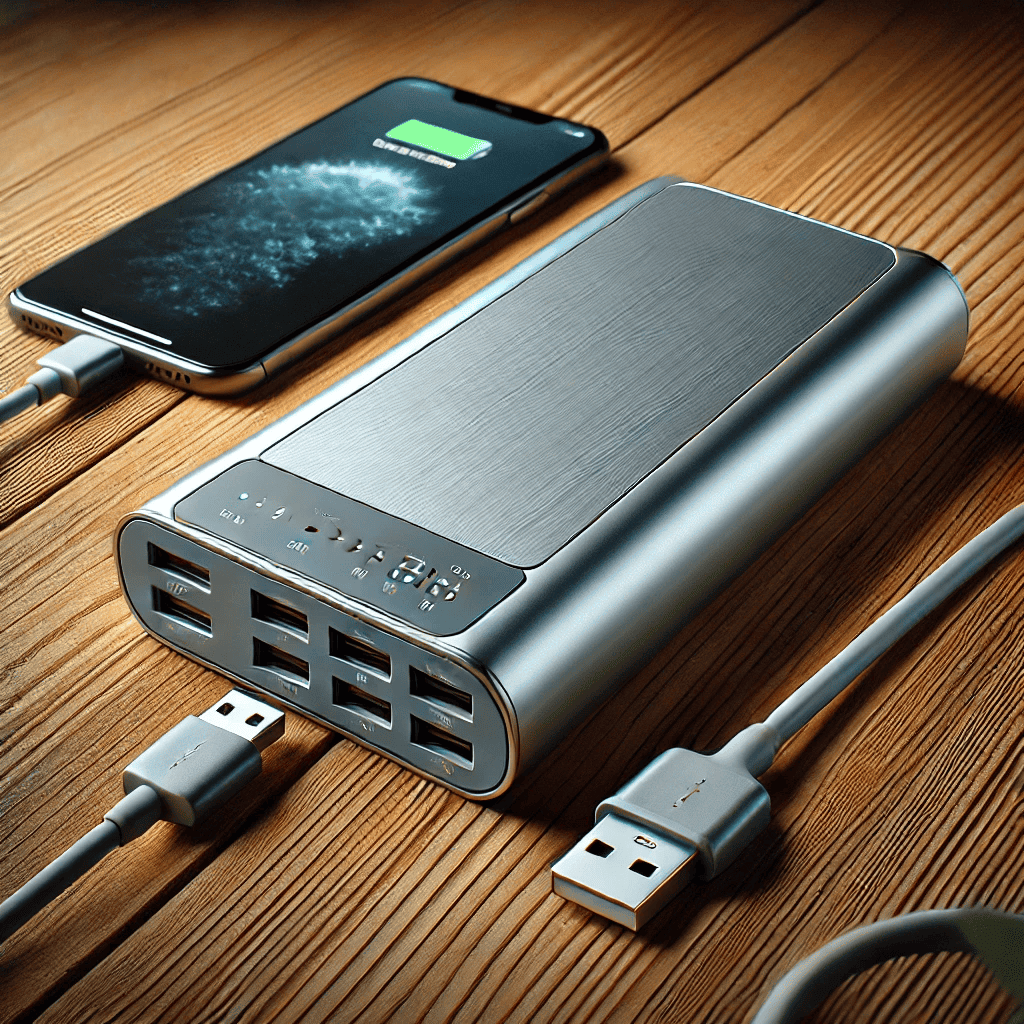 "Person using a power bank to charge their smartphone outdoors." "Person using a power bank to charge their smartphone outdoors."