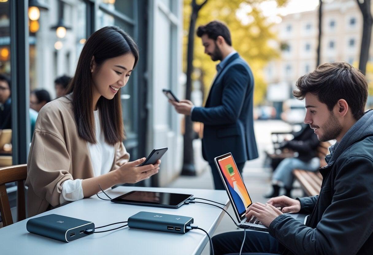 People using a power bank to charge their smartphones outdoors, showcasing portable charging convenience during travel, work, and daily life.