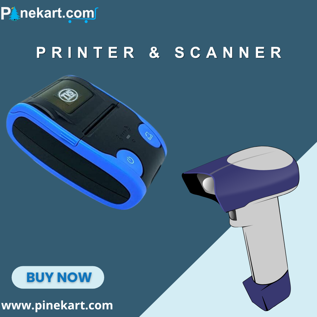 Modern home office with an inkjet printer and flatbed scanner on a wooden desk, surrounded by a laptop, documents, and stationery, in natural daylight.