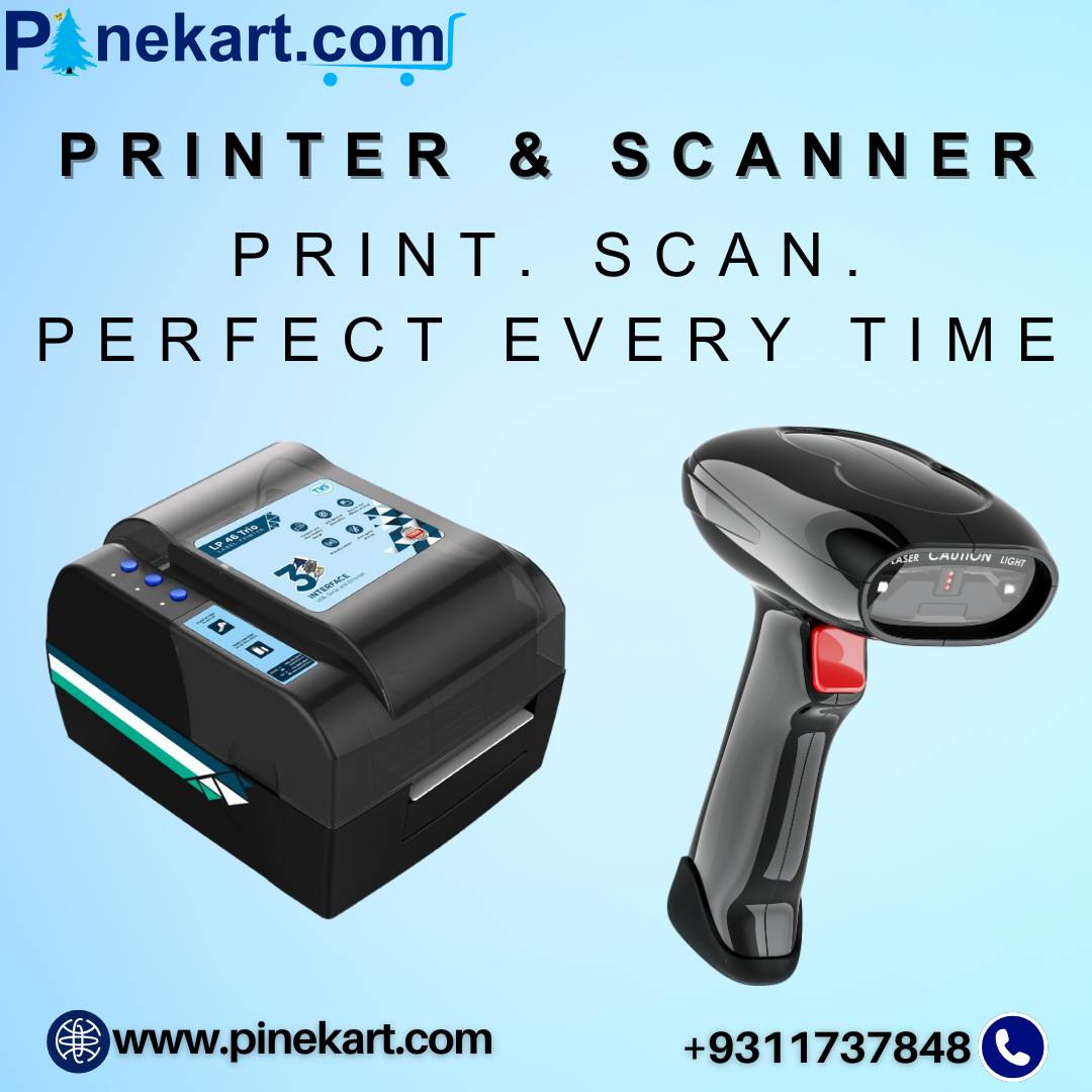 Modern home office setup with a sleek inkjet printer and flatbed scanner on a wooden desk, featuring a person scanning a document and printed pages beside the printer.